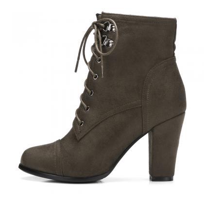 Faux Suede Pointed-toe Lace-up Chunky Heel Ankle..