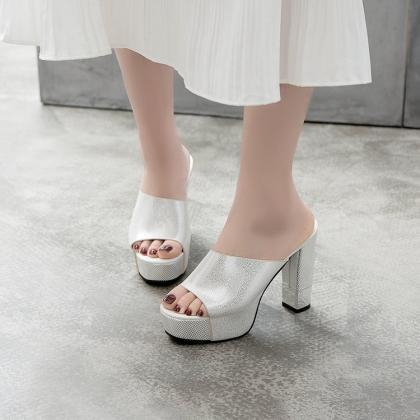 Platform Open Toe High Chunky Heels Slippers..