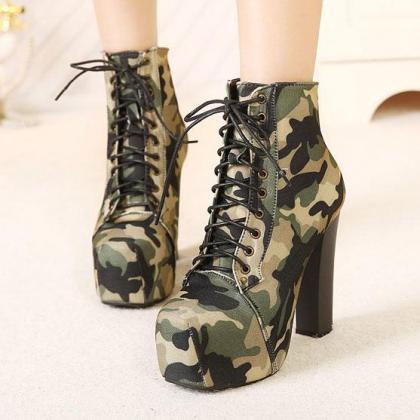 Camouflage Lace Up Platform Chunky High Heels..