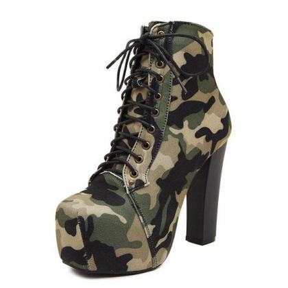 Camouflage Lace Up Platform Chunky High Heels..