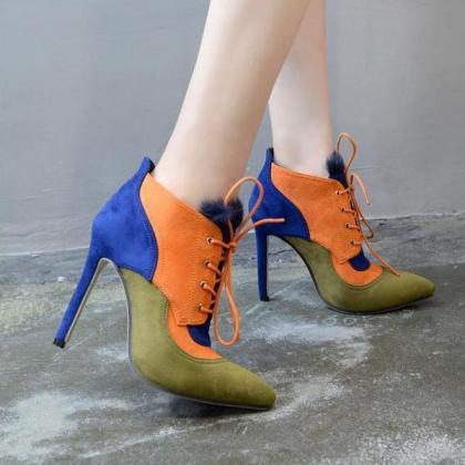 Multi-coloured Pointed Toe Lace Up Suede High Heel..