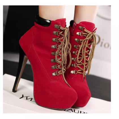 Round Toe Lace Up Ankle Length Stiletto High Heels..