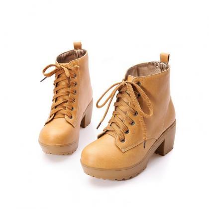 British Round Toe Lace Up Low Chunky Heels Short..
