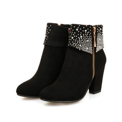 Rivet Embellished Faux Suede Rounded-toe Chunky..