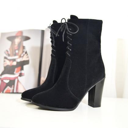 Faux Suede Pointed-toe Lace-up Mid-calf Chunky..