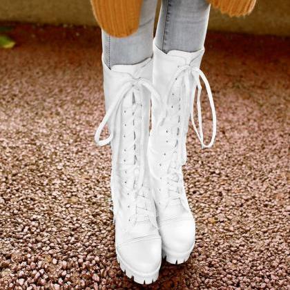 White Knee High Lace Up Boots With Round Toe..