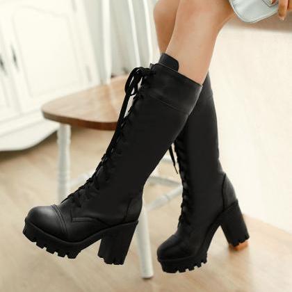 White Knee High Lace Up Boots With Round Toe..
