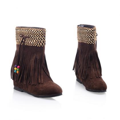 Tassels Beads Decorate Round Toe Flat Short Boots