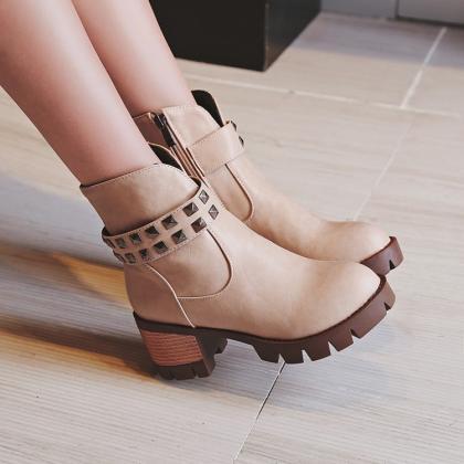 Rivets Side Zipper Round Toe Middle Chunky Heels..