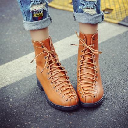 European Lace Up Round Toe Low Chunky Heels Short..