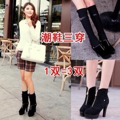 Patchwork Round Toe Stiletto High Heels Long Boots