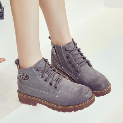 Leather Chunky Heel Round Toe Lace-up Short Boots