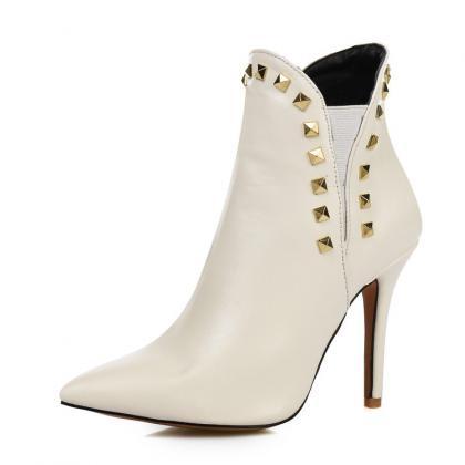 Faux Leather Rivet Embellished Pointed-toe High..