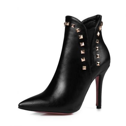 Faux Leather Rivet Embellished Pointed-toe High..