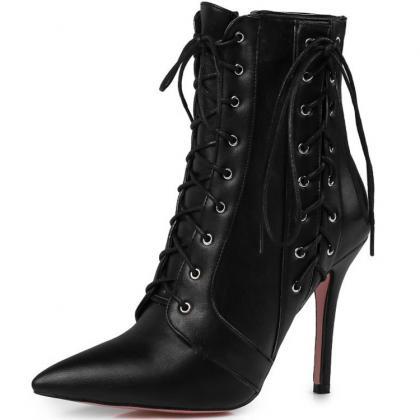 Faux Leather Lace-up Accent Pointed-toe High Heel..