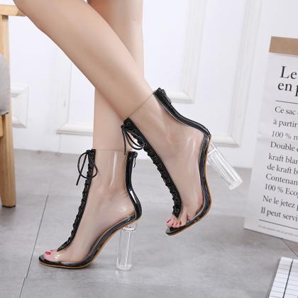 Barely-there Transparent Lace-up Chunky Heel Ankle..