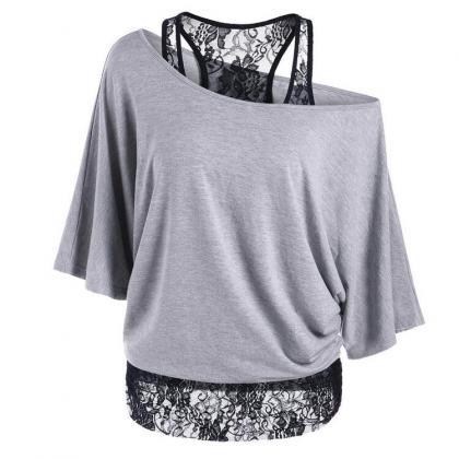 One Shoulder Batwing Sleeves Blouse With Lace Tank..