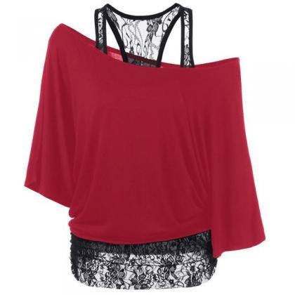 One Shoulder Batwing Sleeves Blouse With Lace Tank..