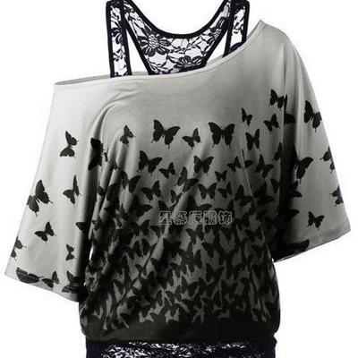 One Shoulder Butterfly Print Lace Patchwork Faux..
