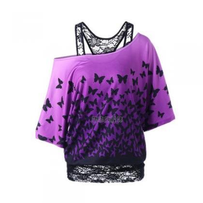 One Shoulder Butterfly Print Lace Patchwork Faux..