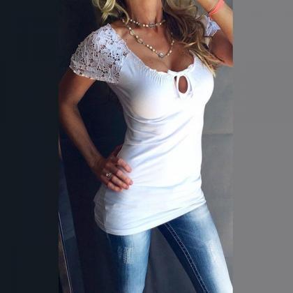 Deep V-neck Lace Up Short Lace Sleeves Patchwork..
