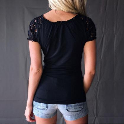 Deep V-neck Lace Up Short Lace Sleeves Patchwork..