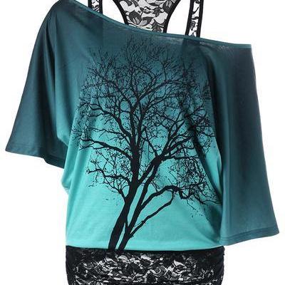 Sold Out --tree Print Scoop One Shoulder Lace..