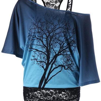 Sold Out --tree Print Scoop One Shoulder Lace..