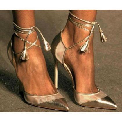 Shinning Ankle Wrap Straps Tassels Pointed Toe..