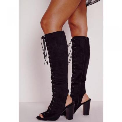 Faux Suede Lace-up Peep-toe Knee High Chunky Boots