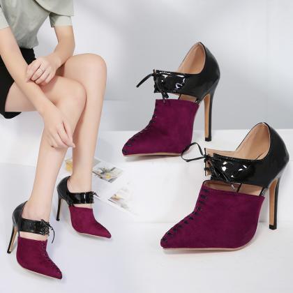 Color Block Pointed Toe Lace Up Ankle Wrap..