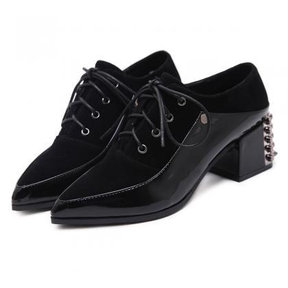 Pointed Toe Lace Up Low Chunky Heel..