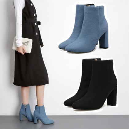 Almond-toe Chunky Heel Ankle Boots Featuring Side..