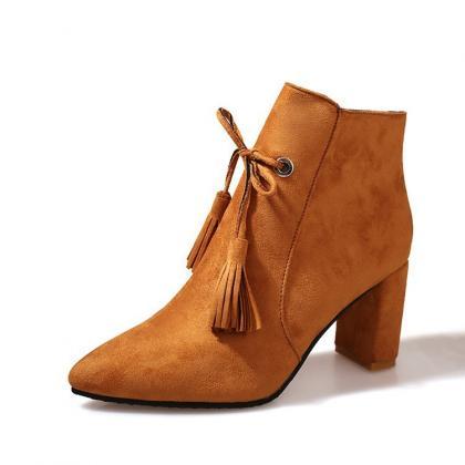 Suede Pointed-toe Chunky Heel Ankle Boots With..