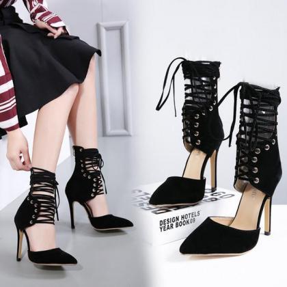 Pointed Toe Lace Up Ankle Wrap Cut Out Stiletto..