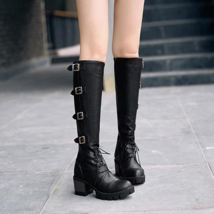 Lace Up Round Toe Middle Chunky Heels Long Boots