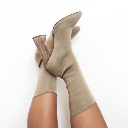 Pointed-toe Chunky Heel Mid-calf Sock Boots
