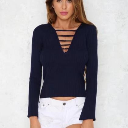 Straps V-neck Solid Color Slim Pullover Sweater