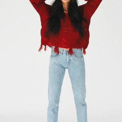 Pure Color Tassel Long Sleeves V-neck Sweater