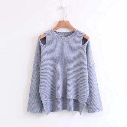 Bear Shoulder Cut Out Low High Solid Color Sweater