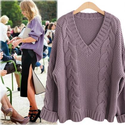 Cable Knit Deep V-neck Solid Color Pullover..