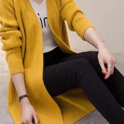 Candy Color Pockets Long Open Knitwear Cardigan