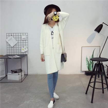 Candy Color Pockets Long Open Knitwear Cardigan