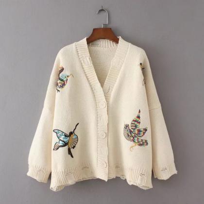 Bird Embroidery V-neck Cut Out Button Cardigan