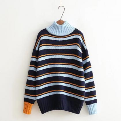High Neck Striped Knitted Loose Long Sweater