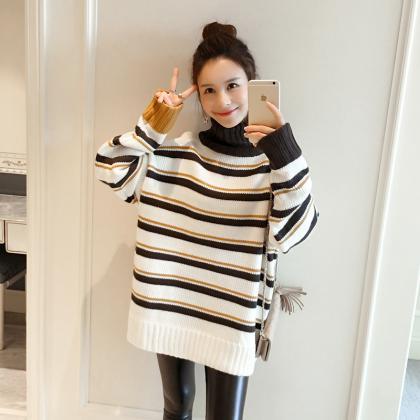 High Neck Striped Knitted Loose Long Sweater