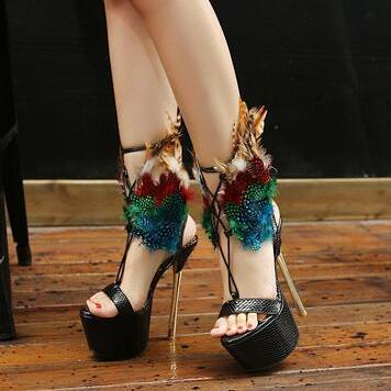 Feather Embellished Criss-cross Lace-up Platform..