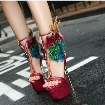 Feather Embellished Criss-cross Lace-up Platform..