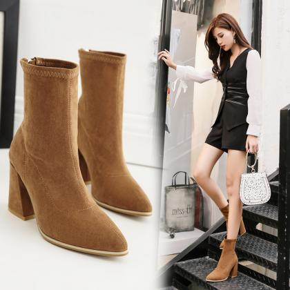 Faux Suede Pointed-toe Chunky Heel Mid-calf Boots