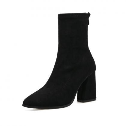 Faux Suede Pointed-toe Chunky Heel Mid-calf Boots